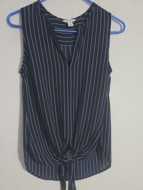 Nautica Navy & White Pinstripe Tie-Front Sleeveless Top